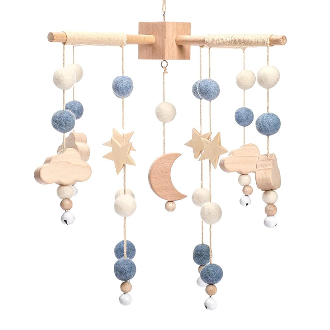 Boho Baby Crib Mobile Decor - Wooden Moon and Stars Nursery Mobiles with Cloud for Bassinet Starry Night Handmade Soft Felt Beads Hanging Wind Chime Toys Pendant for Infant Newborn Boy and Girl (Blue)