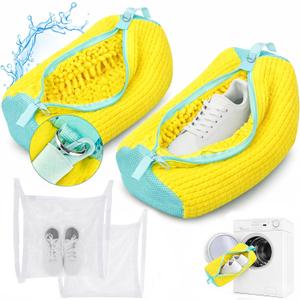 Shoe Washing Machine Bag, Shoe Laundry Bag for Washer and Dryer, Include Dry Net Bag, Reusable and Durable Zipper with Hook Design, Shoe Washing Bag for Sneaker (Yellow, 2 Pack)