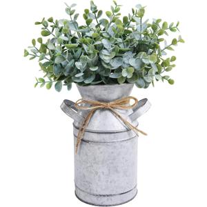 Winlyn Farmhouse Galvanized Metal Milk Can with Artificial Eucalyptus Greenery Arrangement Fake Plants Farmhouse Centerpieces 11.8" Tall for Rustic Country Wedding Home Table Tiered Tray Shelf Dcor