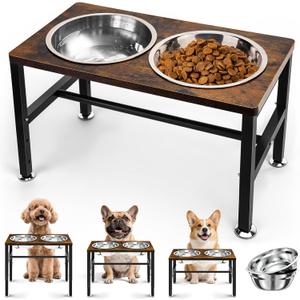 NomNest Elevated Dog Bowls, 3 Height Adjustable Raised Dog Water Food Bowl Wooden Metal Stand, 42OZStainless Steel Bowls for Medium Small Dogs