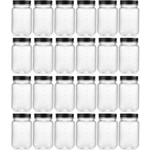 novelinks 16 oz Clear Plastic Jars with Lids, Refillable 16oz Mason Jars with Lids & Storage Containers for Kitchen & Household Use (24 Pack,Black)