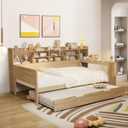 Twin Size Daybed with Trundle,Twin Size Corner Bed Frames, Wooden Daybed with Side Bookcase and Desk,Multi-Functional Bed for Kids Adults Bedroom Guest Room, Spring Box Not Required,Natural