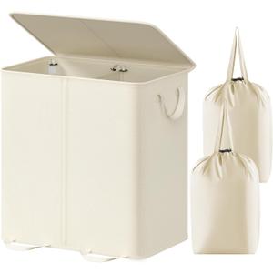Lifewit Double Laundry Hamper with Lid and Removable Laundry Bags, Large Collapsible 2 Dividers Dirty Clothes Basket with Handles for Bedroom, Laundry Room, Closet, Bathroom, College, 136L Ivory White