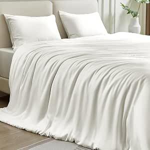 100% Silk Comforter Set 4 Pieces, Detachable Duvet Cover for Machine Wash, Lightweight Cooling Blanket, Bedding Set with Comforter Insert, Duvet Cover, 2 Pillowcases, White, Queen Size