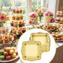 100PCS Gold Mini Square Baroque Dessert Display Trays, Elegant Plastic Serving Plates for Small Cakes, Candy, Appetizers at Weddings, Parties, Hotels, 3.15x3.15 Inch