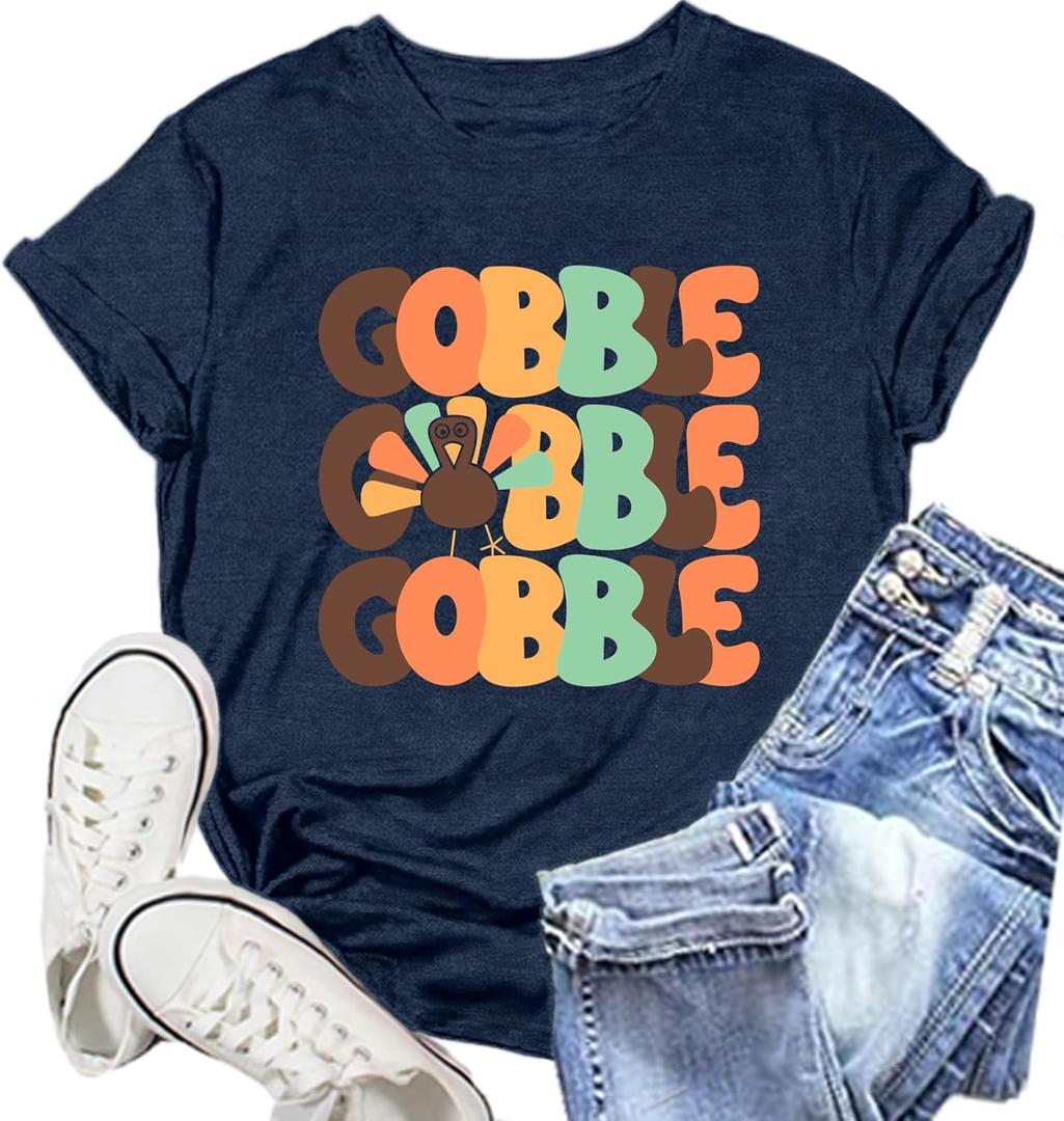 Thanksgiving Day Shirt for Women Gobble Turkey Tshirt Thanksgiving Tee Tops (Blue, XXL)