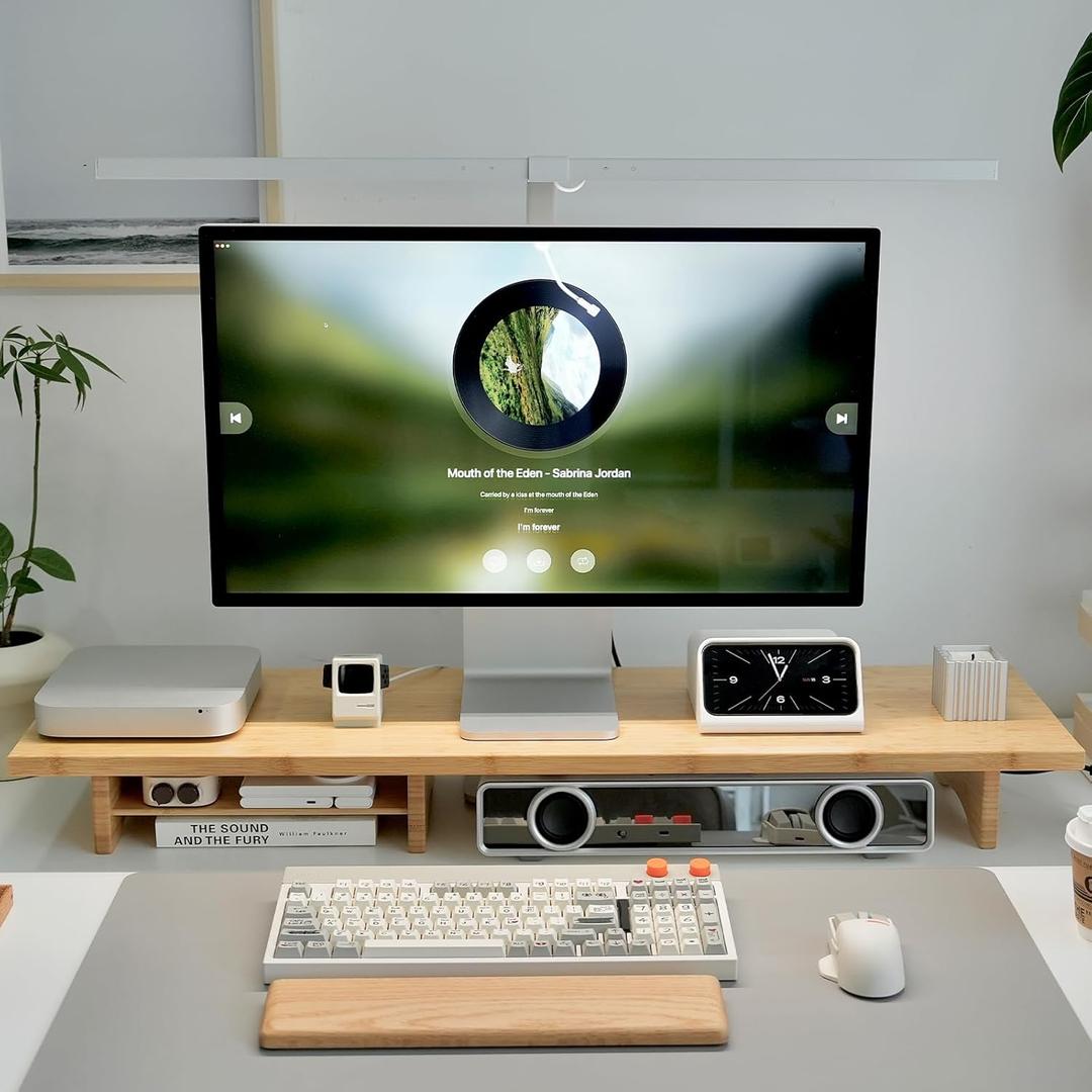 ROCDEER Bamboo Dual Monitor Stand Riser Natural, 2-Tier Desk Monitor Riser for 2 Monitors, Supports for PC Computer Monitor, Printer, Heavy TV Riser up to 300 lbs