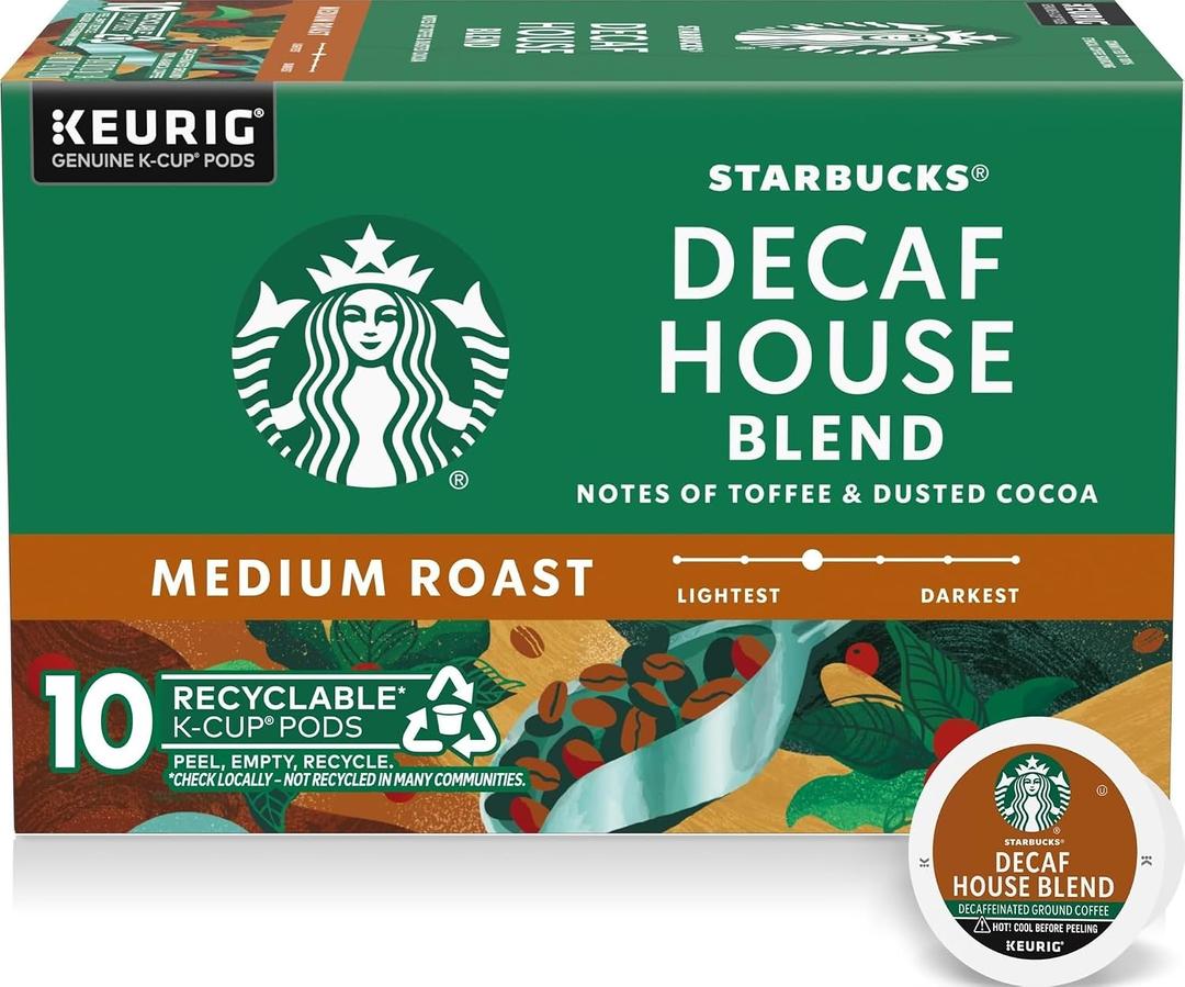 6 x Starbucks K-Cup Coffee Pods, Medium Roast Hot or Iced Coffee, Decaf House Blend, 10 Keurig Pods (EXP 05/21/27)