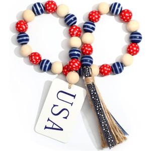 Jetec 4th of July Red White Blue Bead Garland 250th Patriotic Wood Tassle Bead Decorations Red Blue USA Tiered Tray Decor Garland for American Anniversary Independence Day Vase Tiered Tray
