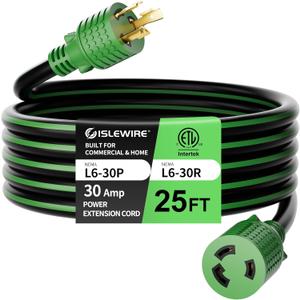 NEMA L6-30 Extension Cord 25FT, 30 Amp 250V 7500W, L6-30P to L6-30R Twist Lock Generator Cord, 10 Gauge SJTW, Heavy Duty Locking Power Cord for Welding, Brewing, and Industrial Use, ETL Listed