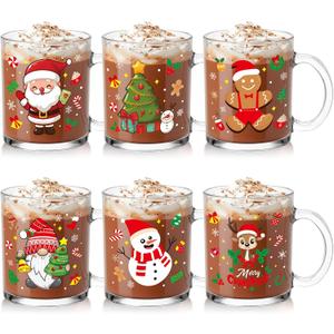 Baderke 6 Pcs Christmas Glass Mugs Set 12 oz Christmas Coffee Mugs with Handle Snowman Snowflake Coffee Cup Xmas Tree Santa Claus Cup for Hot Chocolate Women Men Gift (Xmas)
