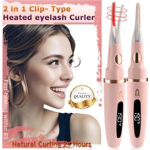 Heated Eyelash Curler - 2 in 1 Clip-Type, LED Display, 3 Temp Settings, USB Rechargeable, Natural Curling, 24H Long Lasting - Pink
