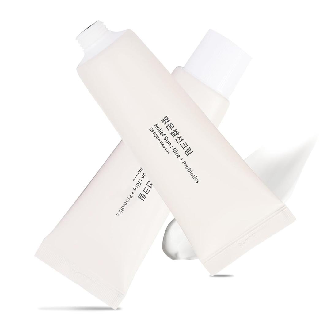 2PC Relief Sun Organic Sunscreen SPF50, +++++PA++ Rice and Probiotics, Korean Skin Care Solution, Nourishing Skin Protection and UV Defens, Suitable for All Skin Types