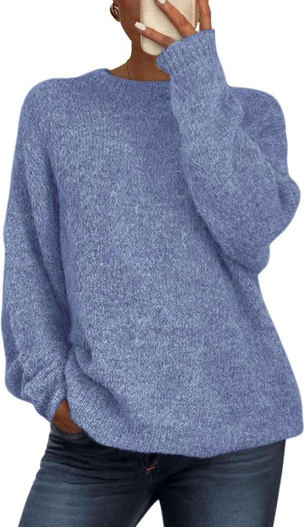 PRETTYGARDEN Womens Fall Long Sleeve Sweater Crew Neck Fuzzy Loose Fit Chunky Knit Oversized Pullover Sweaters Going Out Tops (XX-Large, Mist Blue)