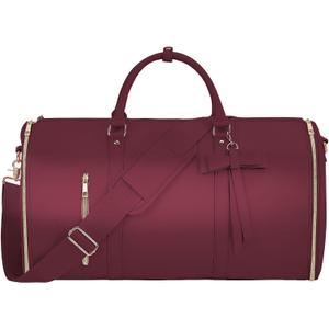 Garment Bags for Travel, Convertible Suit Travel Bag for Women, Stylish Carry On Garment Bag with Toiletry Pocket, Shoulder Strap and Shoes Compartment, 2 in 1 Foldable PU Leather Duffle Bag, Sangria