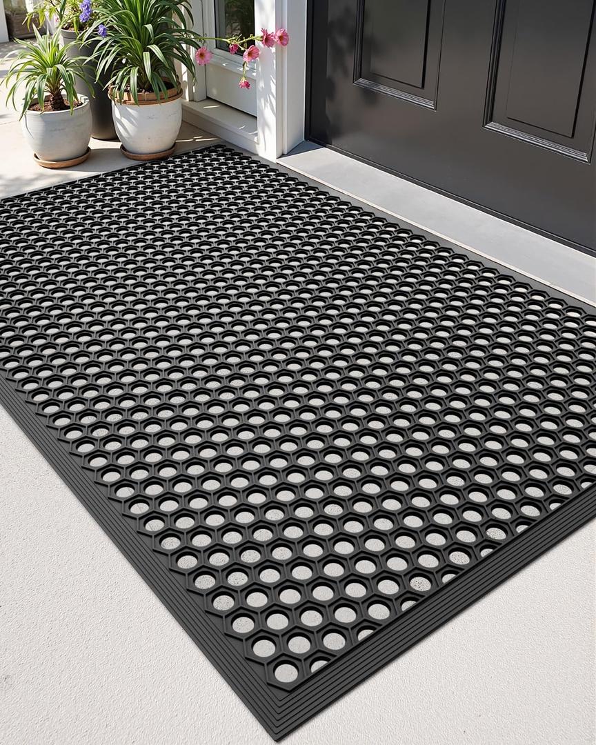 DEXI Front Door Mat 32x48, Non Slip Rubber Doormat Outside Entrance, Heavy Duty Waterproof Drainage Entry Mats, Low Profile Dirt Trapper for Patio Entryway, Black