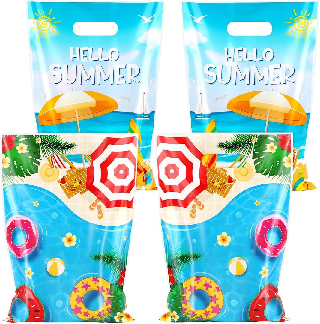 10 x Hxezoc 50 Pieces Summer Goodie Bags with Handles Plastic Beach Treat Candy Bags Pool Favors Bags for Hawaiian Luau Tropical Beach Party Decoration Supplies, 1 Count