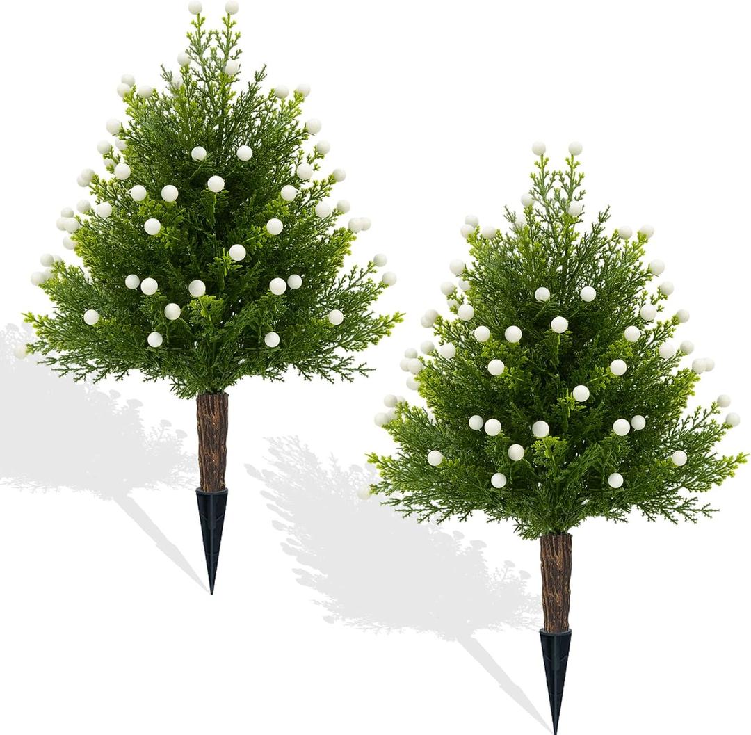 21" Artificial Bushes with White Berries, 2 Pack Cedar Topiary Shrubs Artificial Outdoor Plants with Ground Stakes, UV Resistant Faux Outdoor Plants for Front Porch,Garden,Backyard,Room Decor
