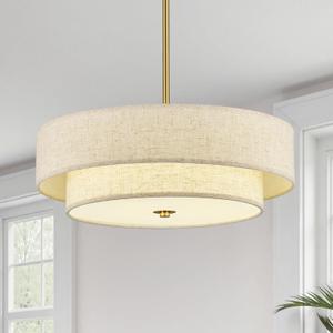 VONLUCE Modern Chandeliers, 18" Drum Chandeliers with 2-Layer Fabric Shade, 4-Light Pendant Light Fixture with E26 Bases, Light Fixture for Dining Room Bedroom Living Room, Linen Shade & Brass Finish