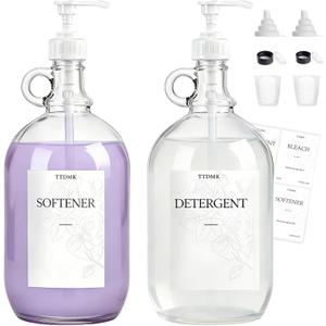 2 Pcs Glass Liquid Laundry Detergent Dispenser, Half Gallon Laundry Soap Dispenser for Laundry Room (64 oz. Each), Laundry Detergent Bottles with Pump Dispenser -Includes Labels, Funnel, Measuring Cup
