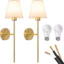 Wall Sconces Sets of 2, Classic Brushed Brass Sconces Wall Lighting, Hardwired Bathroom Vanity Light Fixture with Fabric Shade for Bedroom Living Room Hallway Kitchen (Bulbs Included)(Warm light)