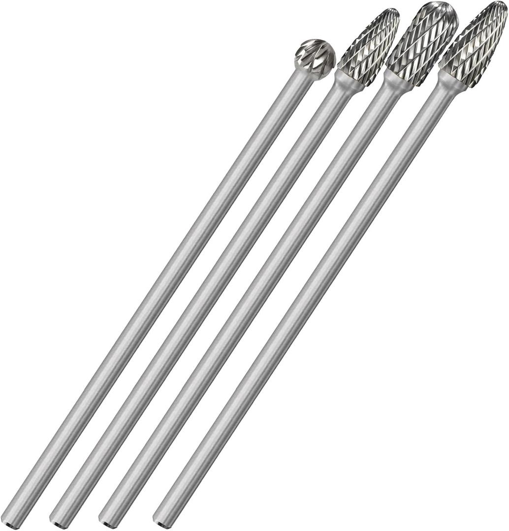 4Pcs Long Carbide Burr Set 1/4" Shank Total L 6.1" Die Grinder Bits Rotary Rasp Attachment Cut Port Grind Metal Cast Iron Steel Aluminum Cylinder Head Engine Intake Exhaust Manifold Tight Area