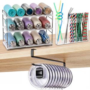 Sawysine 3 Pcs Kitchen Cabinet Organizer Set 3 Layer Stackable Water Bottle Holder & Iron Lid Organizer Adhesive Door Mounted Acrylic Straw Dispenser for Inside Cabinet Door and Pantry Shelves