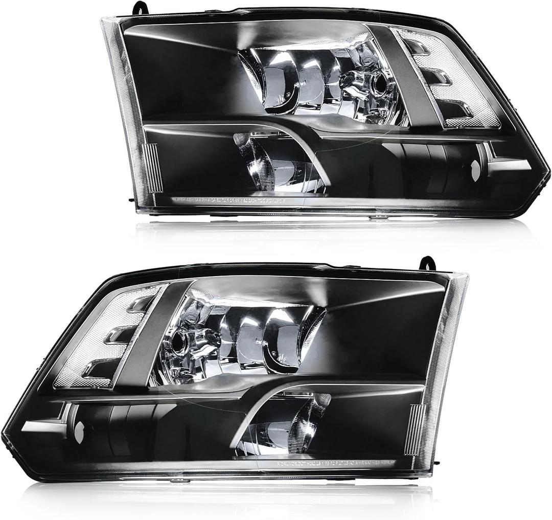 DimFlux Headlight Assembly, Compatible with 2009-2018 Dodge Ram 1500/2010-2018 Ram 2500 3500 4500 5500(Only fit factory quad style halogen headlights) Black Housing Clear Reflector