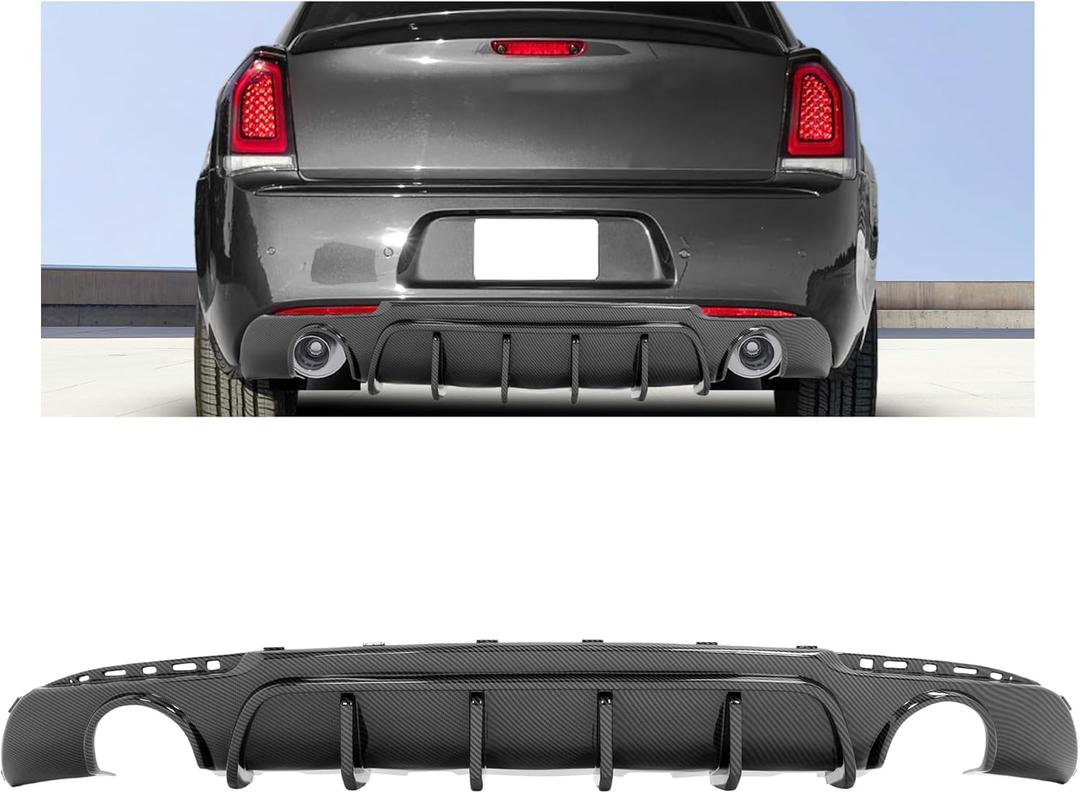 HECASA Rear Bumper Diffuser Compatible with 2015-2023 Chrysler 300 Models Lower Bumper Lip Spoiler Splitter Valance Dual Exhaust Shark Fins Carbon Fiber Color Plastic ABS