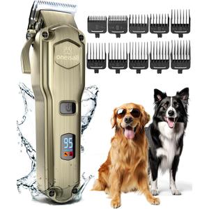 oneisall Dog Clippers for Grooming for Thick Heavy Coats/Low Noise Rechargeable Cordless Pet Shaver with Stainless Steel Blade/Waterproof Dog Shaver for Dogs Pets and Animals (Gold)