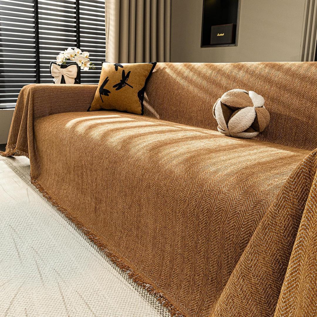 Chenille Couch Cover for Sofa Non Slip Cover Washable Pet Scratch Couch Covers Tassel Sofa Slipcover for 2 Cushion Couch Furniture Protector Blanket for Living Room,Clay Brown 71"x118"