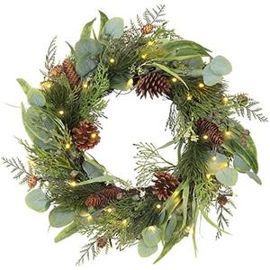 Pre Lit Christmas Wreath for Front Door Green Wreath Decorated with Pine Cones,Berry Clusters, Abundant Fit Branches 18 Lighted Christmas Wreaths for Windows Winter Wreath Hanging Wall Decor (18" Battery Powered)
