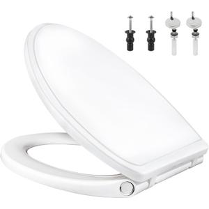 Elongated Toilet Seat Soft Close with Cover, Oval Toilet Seat Replacement with Non-Slip Toilet Bolts and Bumpers, Compatible with Kohler, American Standard, TOTO, One-Click Release, White