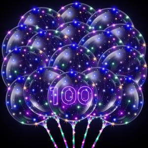 Libima 100 Pcs Light up LED Balloons Bulk 20 Inches Clear Flashing Glow in The Dark Balloon with Handles and String Lights for Easter Holiday Wedding Birthday Party Yard Outdoor Decoration (Colorful)