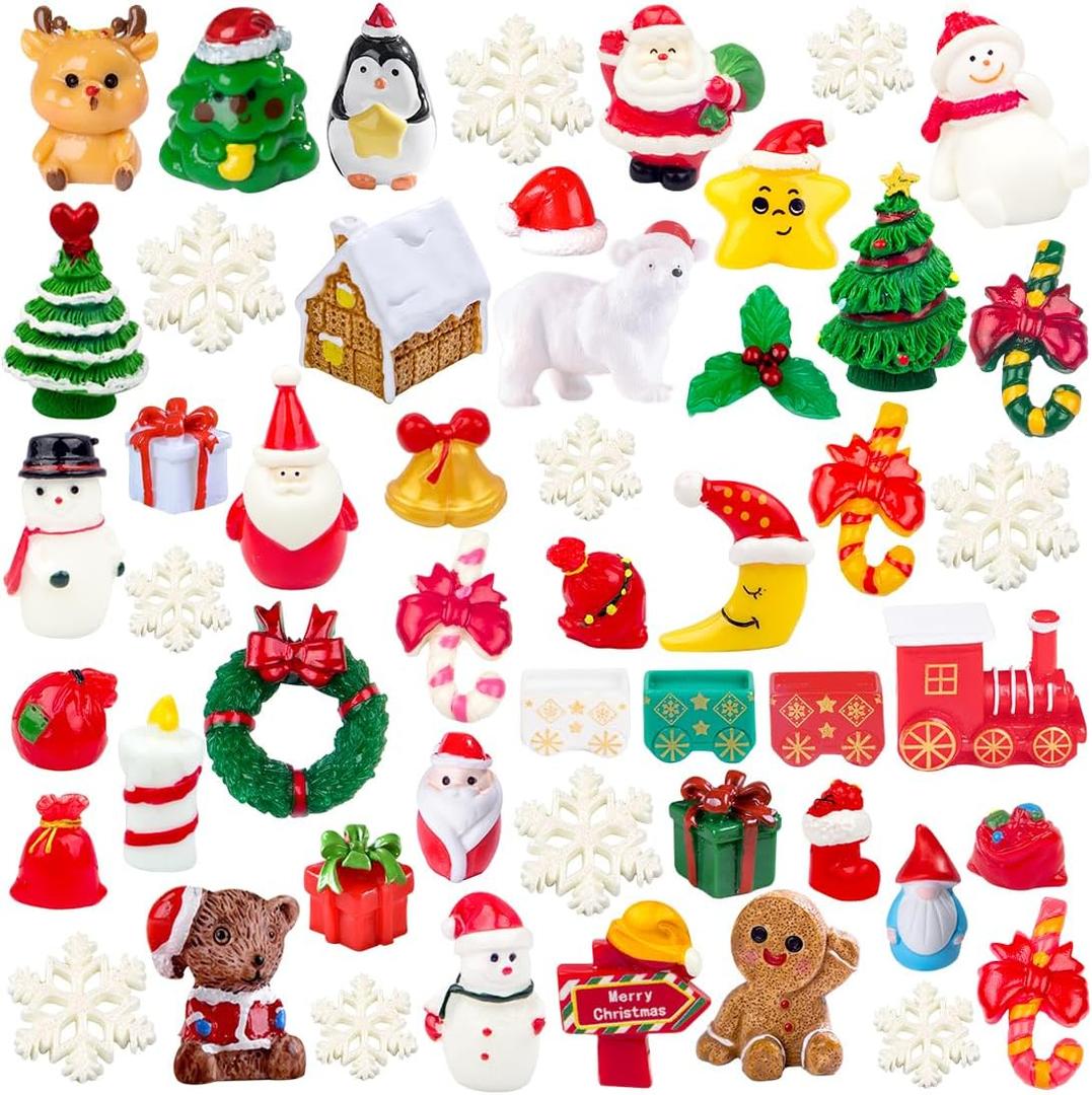 50PCS Miniature Christmas Figurines Set  Mini Resin Christmas Decorations with Snowflakes, Santa, Snowman, Tree, Gifts  Mini Resin Figures for Crafts, Dollhouse & Holiday Dcor