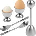 Egg Shell Opener Set  2 Pcs Egg Cups for Soft Boiled Eggs & 2 Pcs Spoons, Rust-Resistant Stainless Steel, Fits Most Eggs Sizes - Ergonomic Design, Adjustable Effort for Effortless & Precise Cracking (Silver)