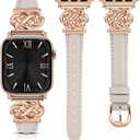 Minyee Celtic Knot Leather Band Compatible with Apple Watch Band 41/40/38/44/45/46/49/42mm Women, Slim Thin Dressy Premium Leather Adjustable Strap for iWatch Series 11 10 9 8 7 6 5 4 SE/Ultra 3 2 1 (Starlight/Rose Gold)