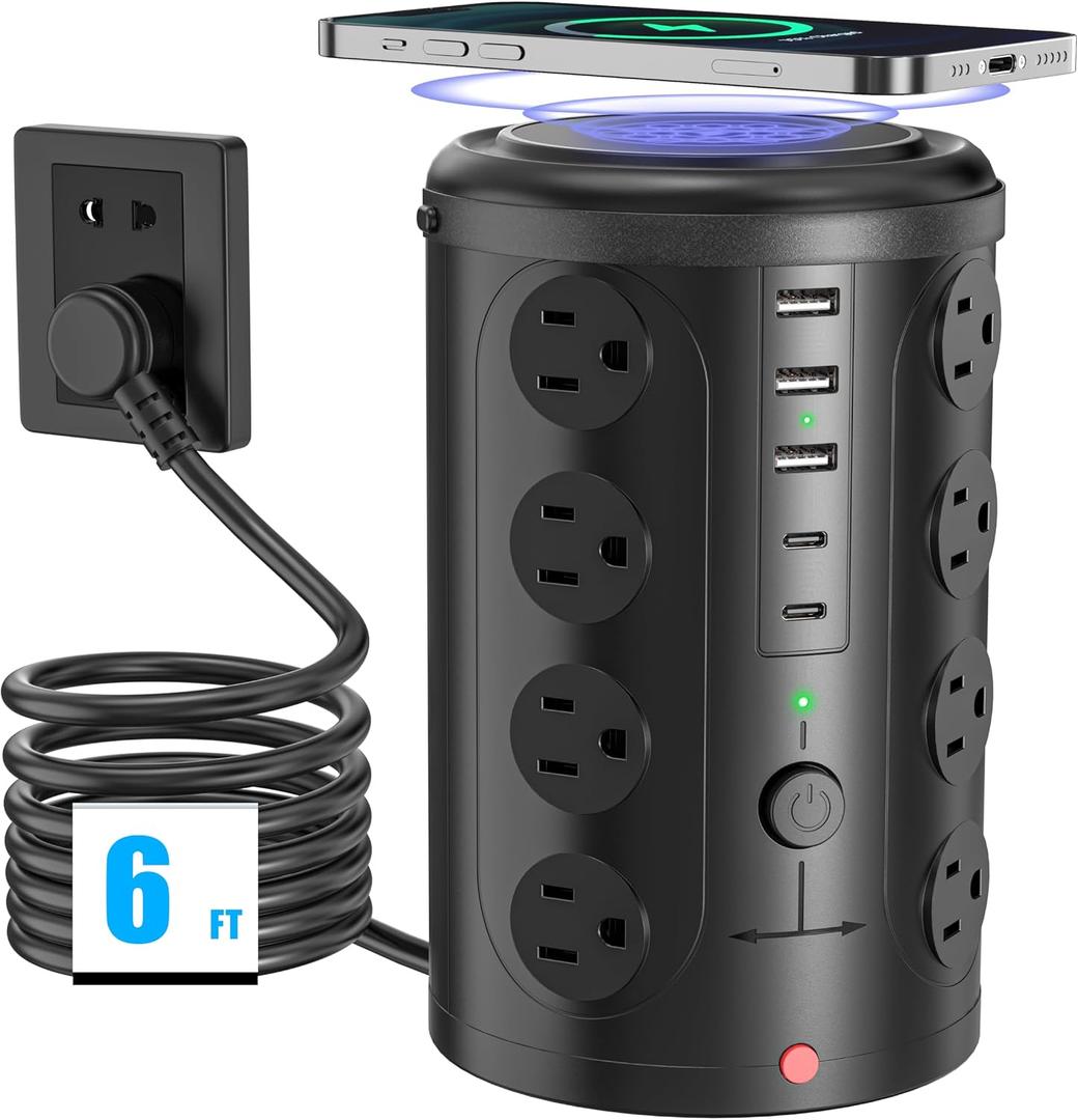Surge Protector Power Strip - Desk Charging Station with 15W Wireless Charger, Multiple Outlets Charging Station with 16 2300J AC Outlets & 5 USB (2 USB C) Port, for Home, Office, Dorm Room