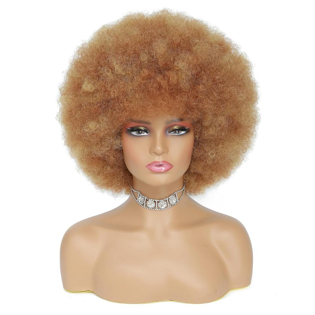 Afro Wig - Soft 70s Afro Wig For Women Blonde Afro Kinky Curly Hair Wigs With Bangs Ash Blonde Short Curly Wig For Men Bouncy Afro Puff Synthetic Hair Afro Wig For Daily Party Use