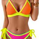 Bikini Sets for Women Floral Two Piece Bathing Suit V Neck Shell Stitched Swimsuit Tie Side Triangle Swimwear (Small, Orange and Pink Color Block)