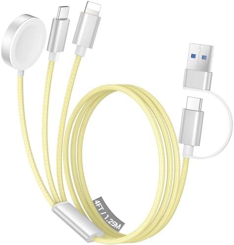 Temdan for Travel Vacation Essentials,3 in 2 USB C Cable for Apple Watch Charger/iPhone 16 Charger/Lightning,Multi Charging Cable Cord,Camping Essentials,Designed for iWatch &iPhone 16-12-4FT Yellow