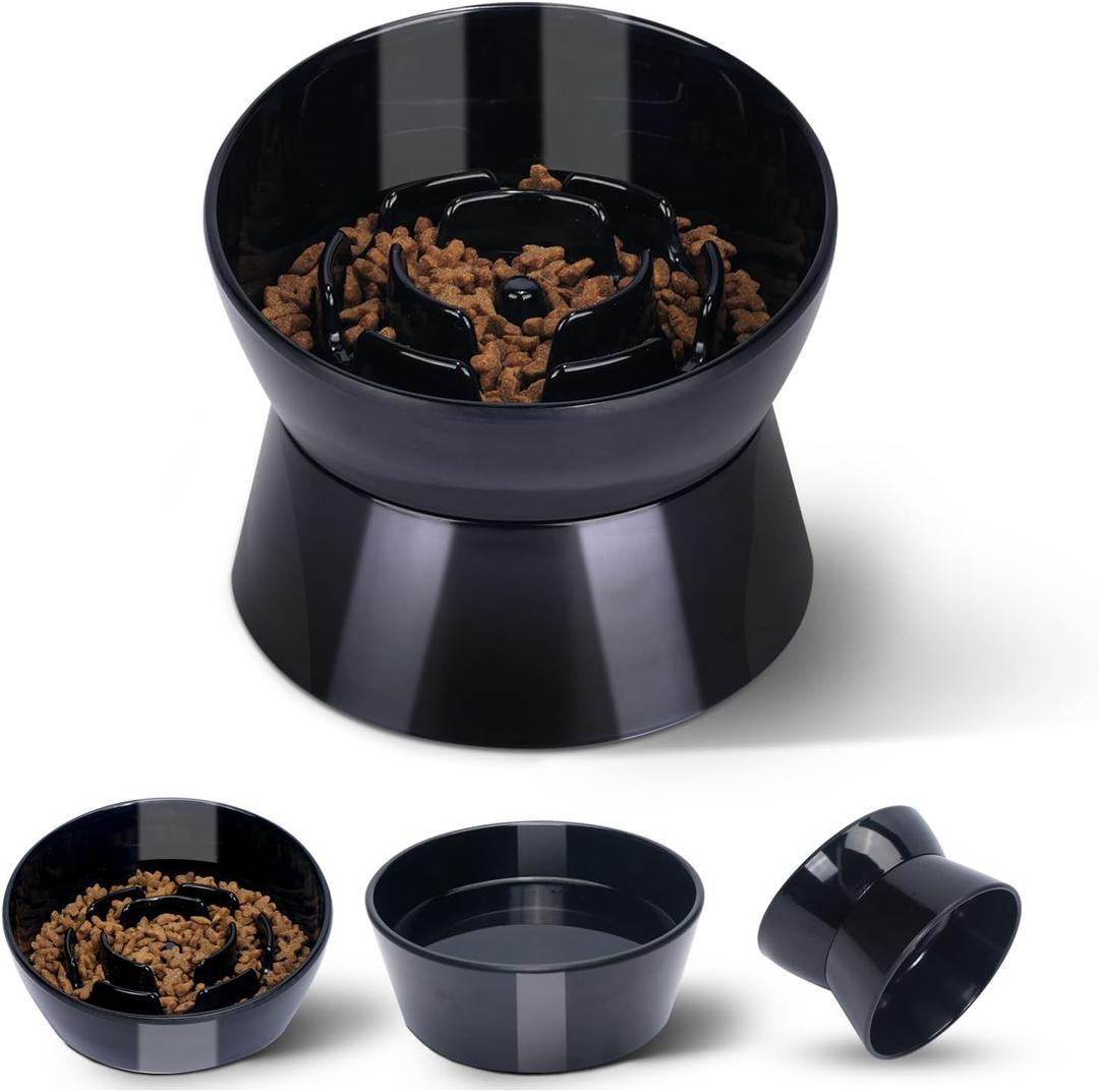 F FD Hub Tilted Raised Slow Feeder Bowl for Cats and Small & Medium Dogs, Raised Design Improves Posture, Spiral Inner Shape Prevents Fast Eating, Dishwasher Safe, 10 oz (Black, L-Cats)