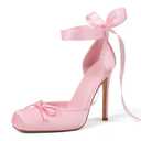 Celbreez Ballet Heels for Women Closed Square Toe Bow Ballerina Heels Lace Up Pink High Heel Slingback Women's Pumps Strappy Stiletto Elegant Party Mary Janes Shoes, Size 9