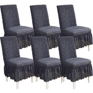 Qubjus Stretch Chair Covers with Skirt, Chair Cover for Dining Room 6 Pack Durable Wrinkle-Free Easy Fit Universal Chair Slipcovers, Dark Grey