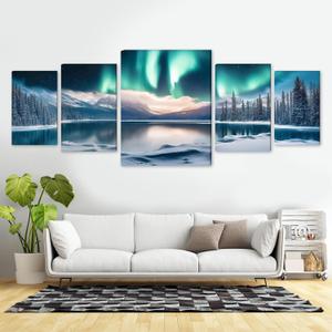 Ginfonr Canvas Wall Art Decor, 5 Panels Snow Scene Modern Wall Art for Bathroom, Large Abstract Aurora Wall Paintings for Living Room Couch, Framed Canvas Painting Above the Bed 04