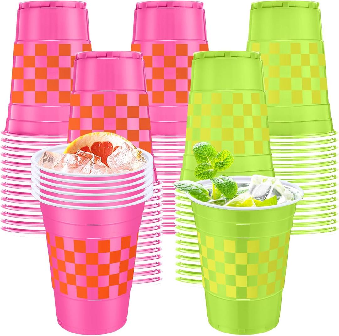 Qinyoung 30 Pcs Pink and Green Checkered Plastic Cups 16 oz Pink Orange and Green Yellow Gingham Cups Disposable for Bachelorette Wedding Birthday Pool Party Decorations Supplies