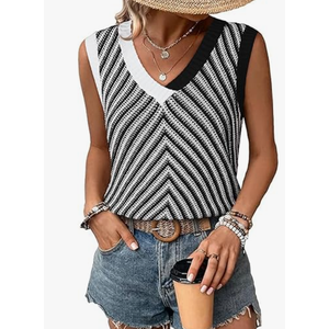 SHEWIN Tank Tops for Women 2025 Casual Sleeveless Shirts Knit Sweater Vest V Neck Summer Tops (X-Large, Black/White)