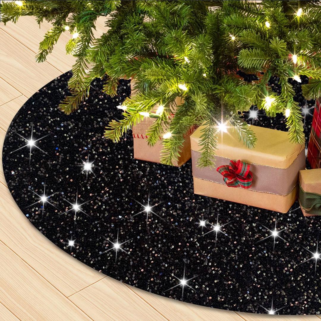 Black 60In Tree Skirt Velvet Christmas Tree Skirt for Xmas Tree Decorations and Ornaments Large Merry Christmas Tree Skirts Tree Base Cover Glitter Sequin Tree Skirt for Thanksgiving Ornaments