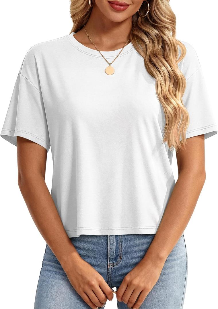 YUCOLEN Women's Crop Tops Summer Cotton Loose Basic T-Shirts (White, XL)
