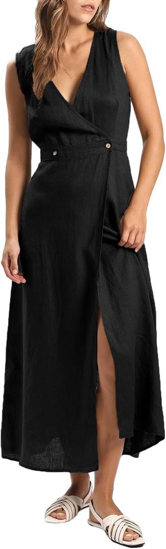 Amazhiyu Women's 100% Linen Summer Sleevelesss V-Neck Wrap Midi Dresses Casual (Large, Black)